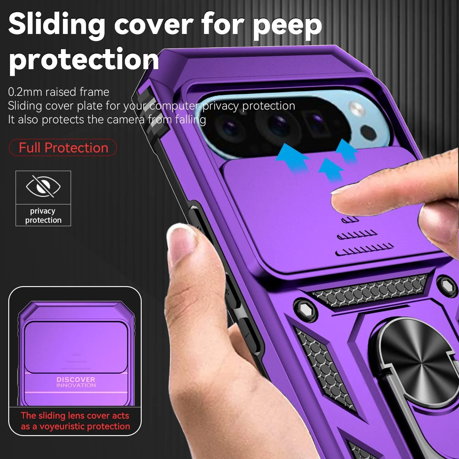 for Google Pixel 9 / Pixel 9 Pro Case with Camera Lens Cover Screen Protector, Dual Layer Military-Grade Drop Tested Magnetic Ring Holder Kickstand Protective Phone Case for Pixel 9/9 Pro (Purple)
