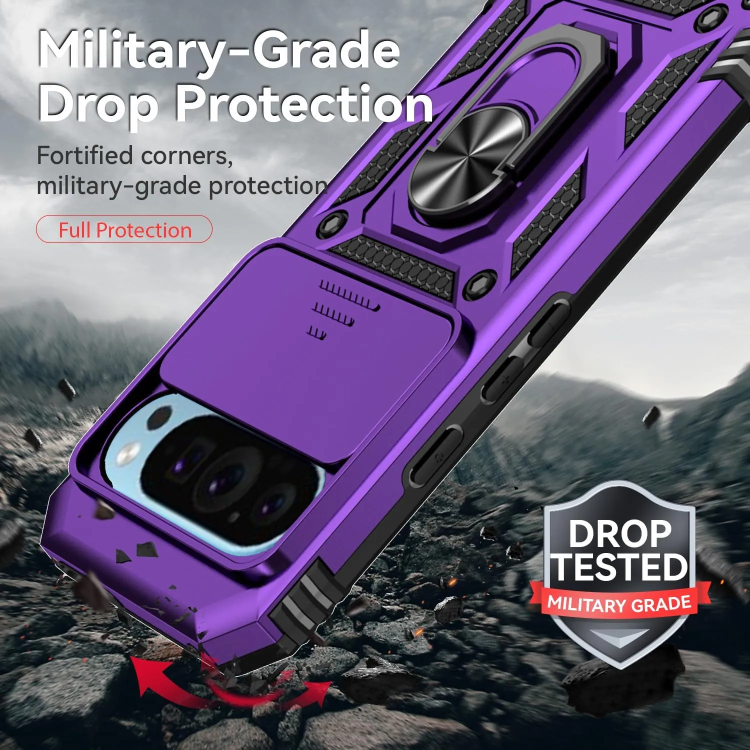 for Google Pixel 9 / Pixel 9 Pro Case with Camera Lens Cover Screen Protector, Dual Layer Military-Grade Drop Tested Magnetic Ring Holder Kickstand Protective Phone Case for Pixel 9/9 Pro (Purple)