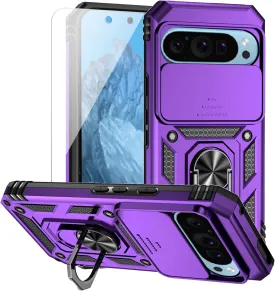 for Google Pixel 9 / Pixel 9 Pro Case with Camera Lens Cover Screen Protector, Dual Layer Military-Grade Drop Tested Magnetic Ring Holder Kickstand Protective Phone Case for Pixel 9/9 Pro (Purple)