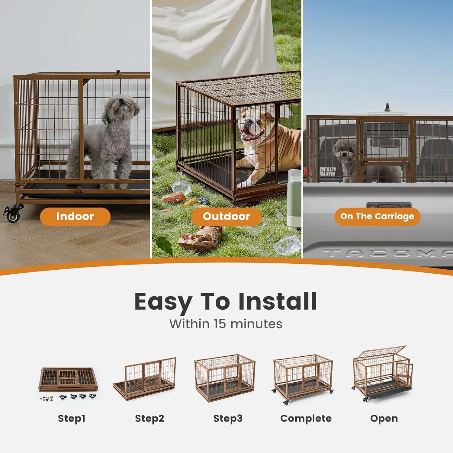 Gardner Pet 32 Inch Heavy Duty Dog Crate with Wheels, Folding Metal Dog Cage for Puppy/Small and Medium Dogs, Indestructible Dog Crate with Removable Tray (Brown)