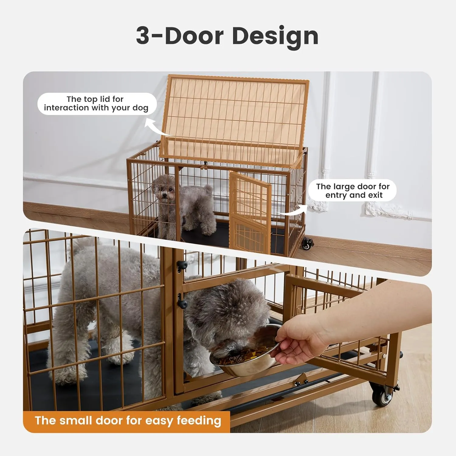Gardner Pet 32 Inch Heavy Duty Dog Crate with Wheels, Folding Metal Dog Cage for Puppy/Small and Medium Dogs, Indestructible Dog Crate with Removable Tray (Brown)