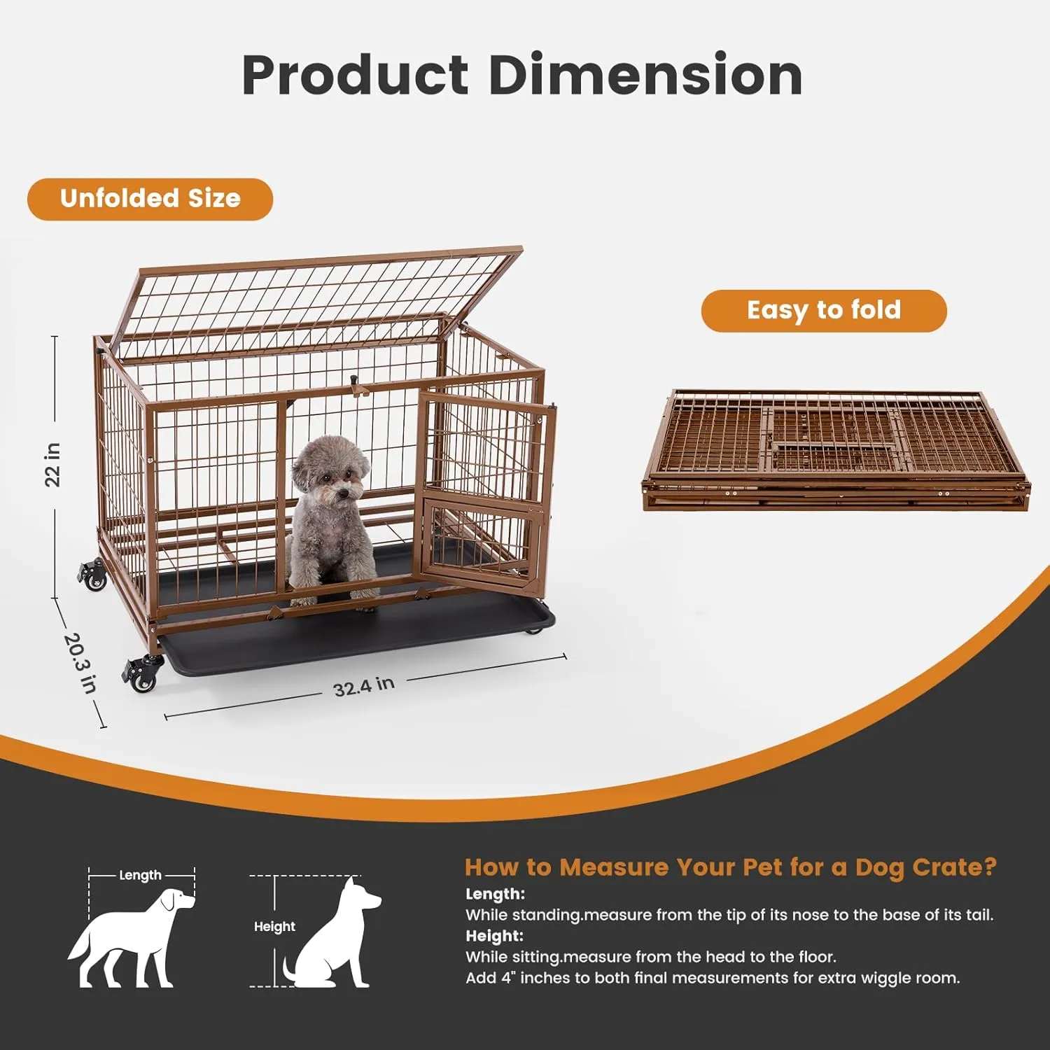 Gardner Pet 32 Inch Heavy Duty Dog Crate with Wheels, Folding Metal Dog Cage for Puppy/Small and Medium Dogs, Indestructible Dog Crate with Removable Tray (Brown)