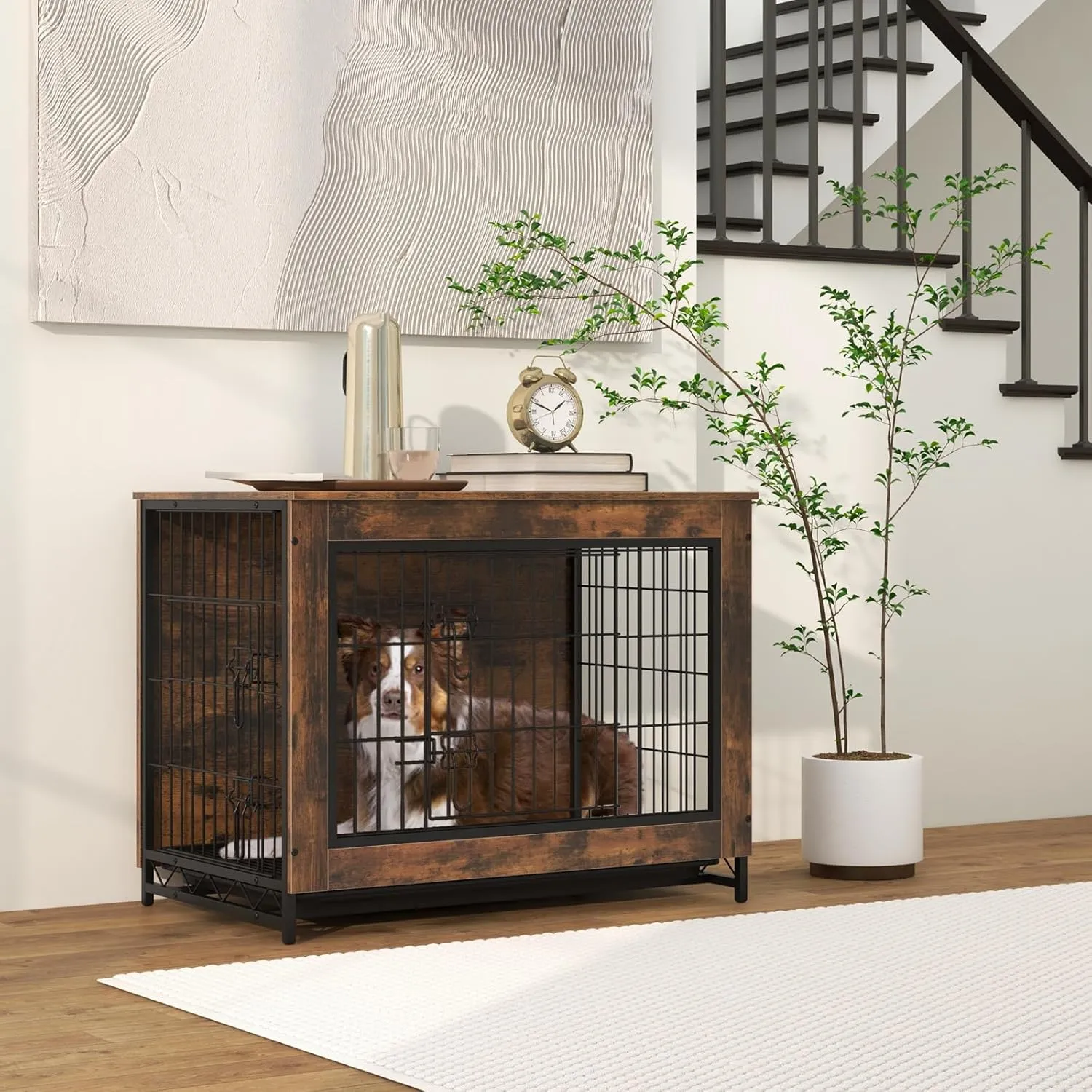 Giantex Dog Crate Furniture - 32.5" L Dog Kennel Side Table with Double Doors & Removable Pull-Out Tray, Left or Right Side Door, Modern Dog Cage Pet House End Table for Medium Dogs, Rustic Brown