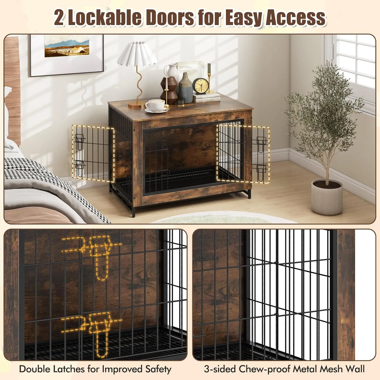 Giantex Dog Crate Furniture - 32.5" L Dog Kennel Side Table with Double Doors & Removable Pull-Out Tray, Left or Right Side Door, Modern Dog Cage Pet House End Table for Medium Dogs, Rustic Brown