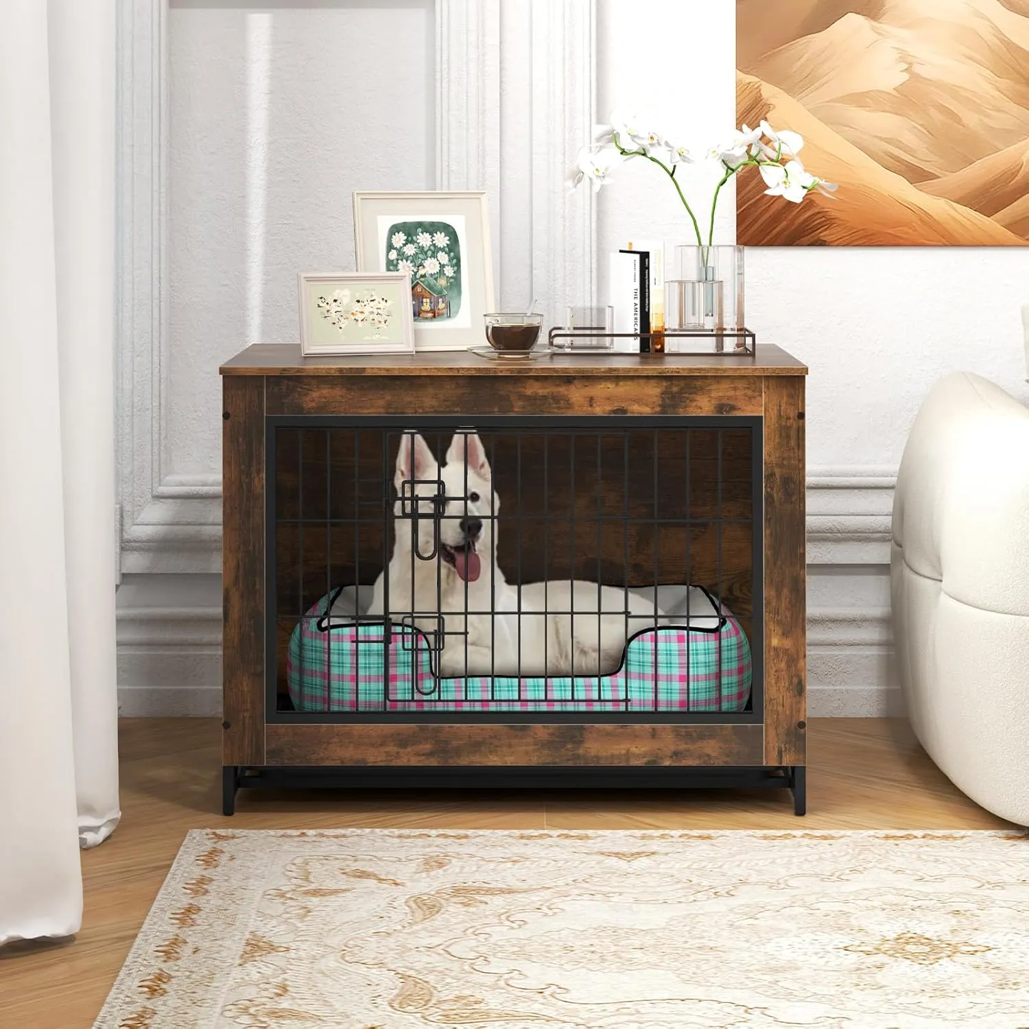 Giantex Dog Crate Furniture - 32.5" L Dog Kennel Side Table with Double Doors & Removable Pull-Out Tray, Left or Right Side Door, Modern Dog Cage Pet House End Table for Medium Dogs, Rustic Brown