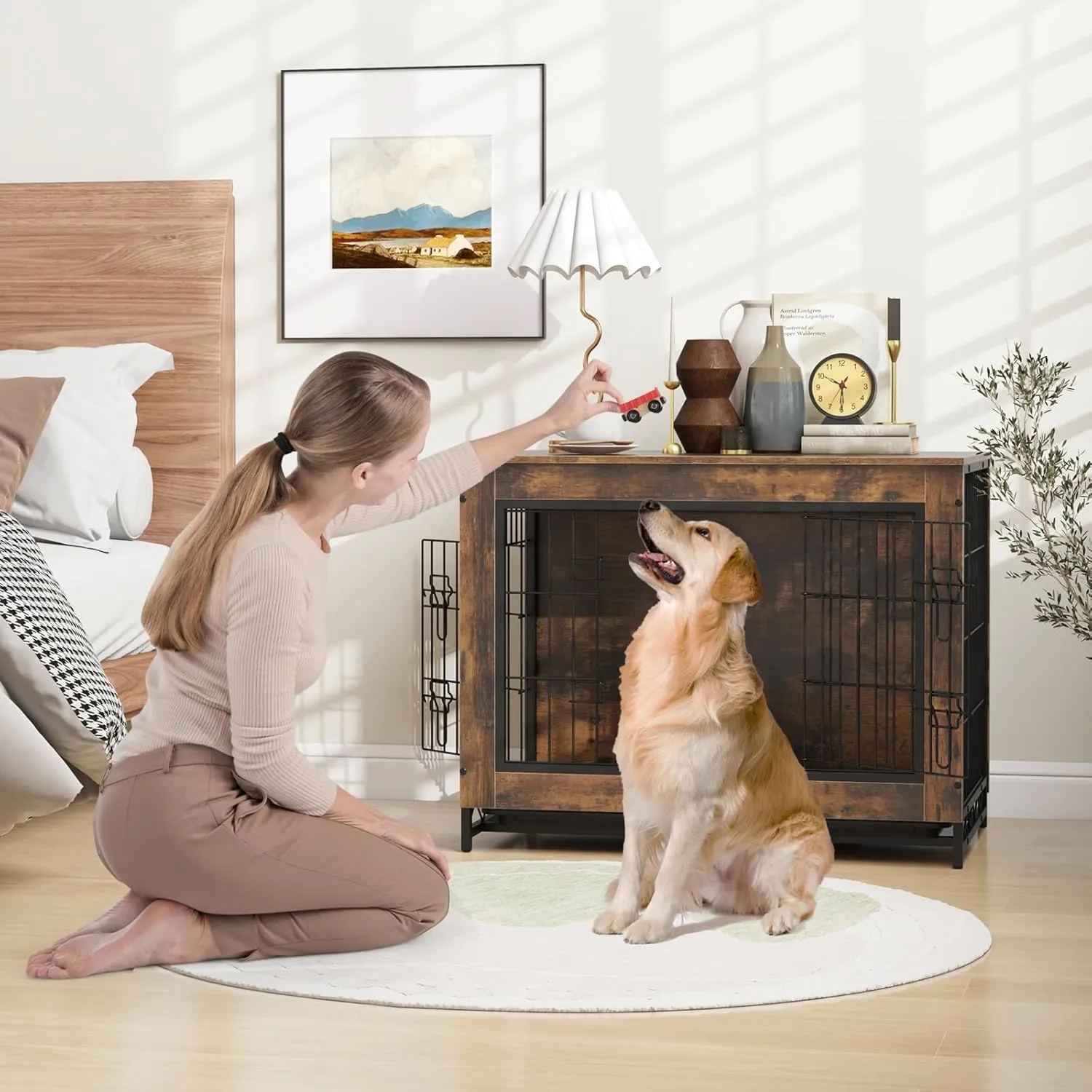 Giantex Dog Crate Furniture - 32.5" L Dog Kennel Side Table with Double Doors & Removable Pull-Out Tray, Left or Right Side Door, Modern Dog Cage Pet House End Table for Medium Dogs, Rustic Brown