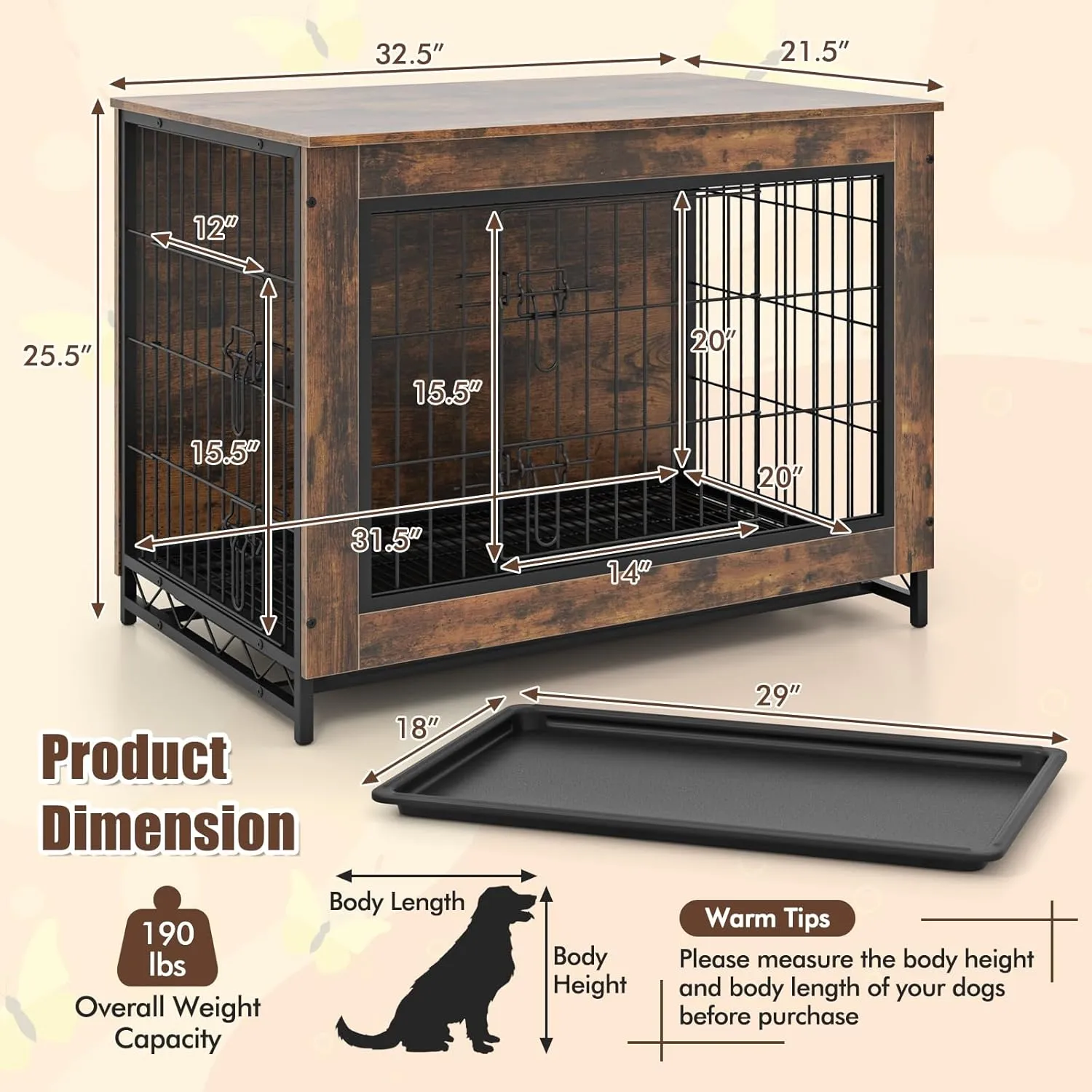 Giantex Dog Crate Furniture - 32.5" L Dog Kennel Side Table with Double Doors & Removable Pull-Out Tray, Left or Right Side Door, Modern Dog Cage Pet House End Table for Medium Dogs, Rustic Brown