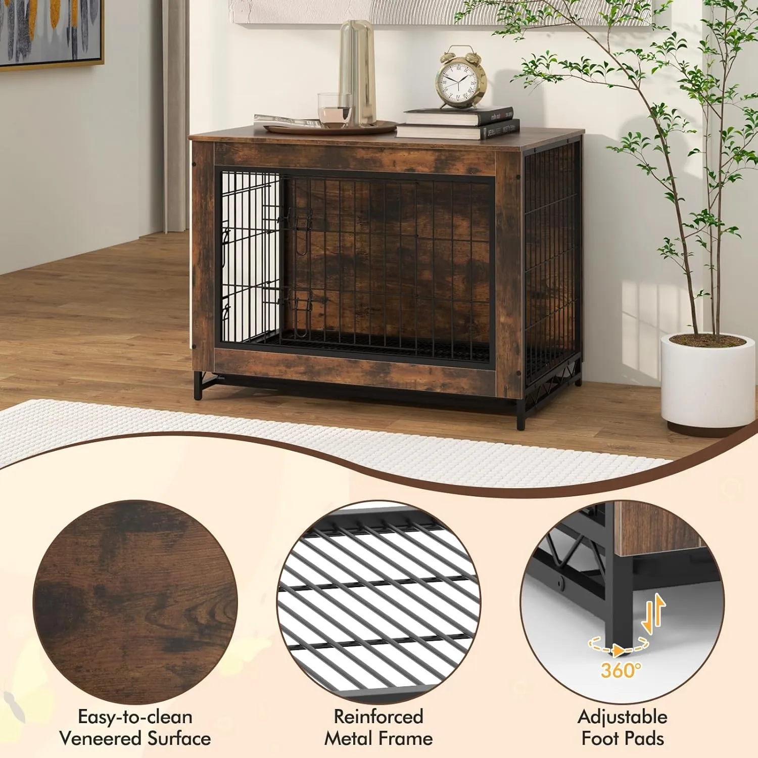 Giantex Dog Crate Furniture - 32.5" L Dog Kennel Side Table with Double Doors & Removable Pull-Out Tray, Left or Right Side Door, Modern Dog Cage Pet House End Table for Medium Dogs, Rustic Brown