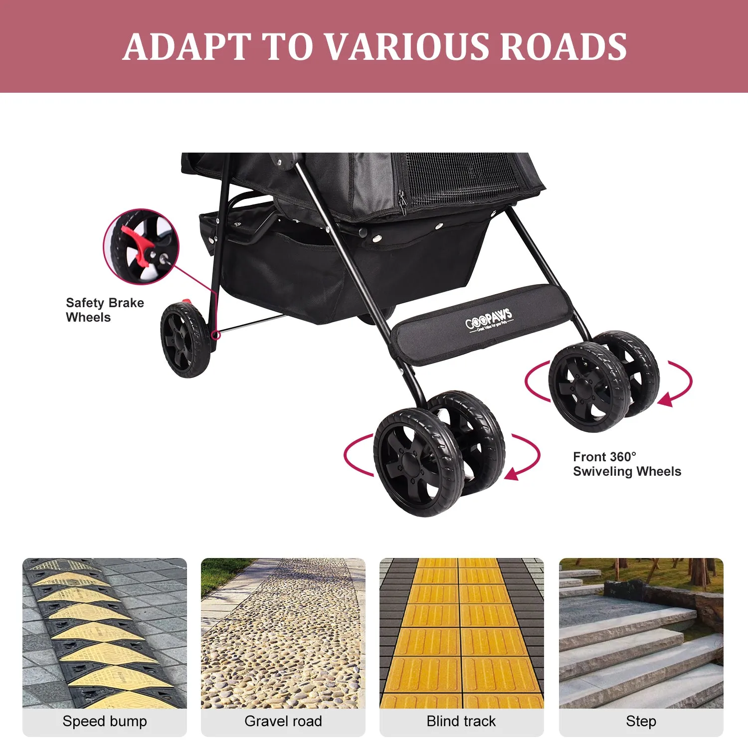 GOOPAWS 4-Wheel Promenade Pet Stroller for Small Dogs Cats, Black, 36''