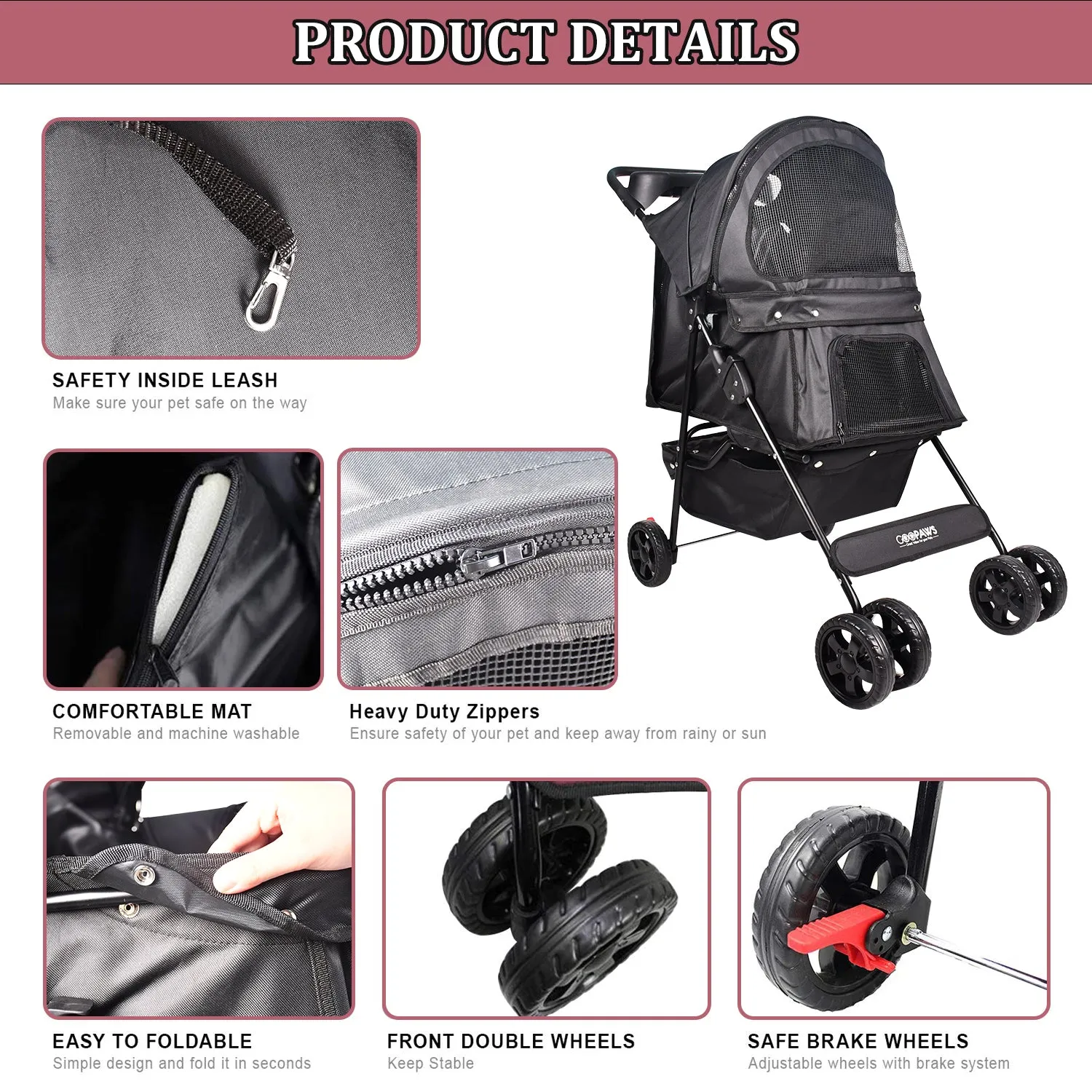 GOOPAWS 4-Wheel Promenade Pet Stroller for Small Dogs Cats, Black, 36''