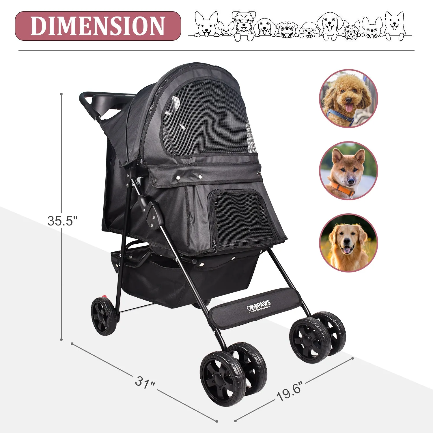 GOOPAWS 4-Wheel Promenade Pet Stroller for Small Dogs Cats, Black, 36''