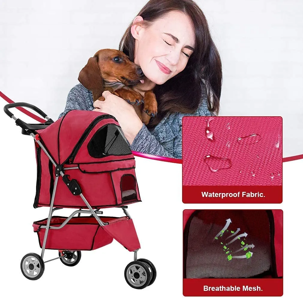 HGS Dog Stroller Pet Stroller 3 Wheels Travel Folding Carrier Strolling Cart for Medium Small Dogs&Cats, Pet Stroller Jogger Cat Dog Cage Pet Stroller, Red