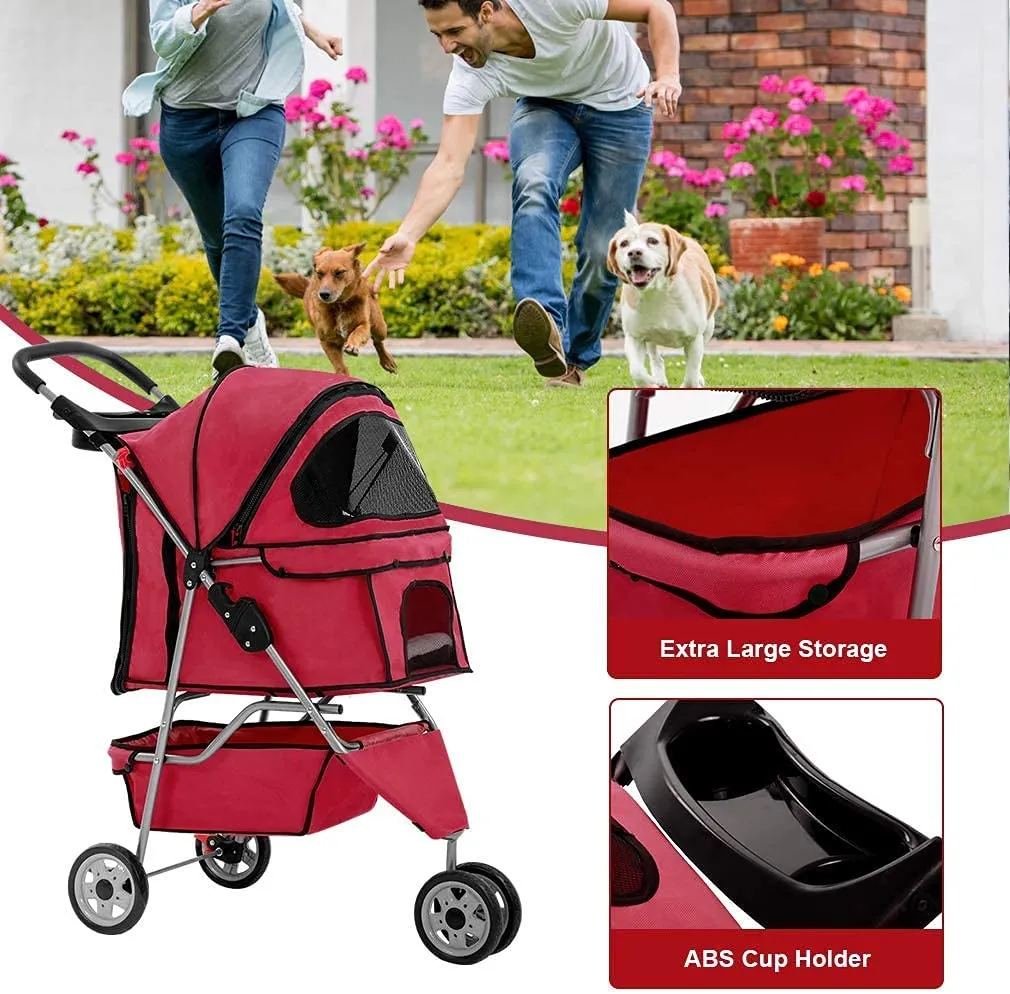HGS Dog Stroller Pet Stroller 3 Wheels Travel Folding Carrier Strolling Cart for Medium Small Dogs&Cats, Pet Stroller Jogger Cat Dog Cage Pet Stroller, Red