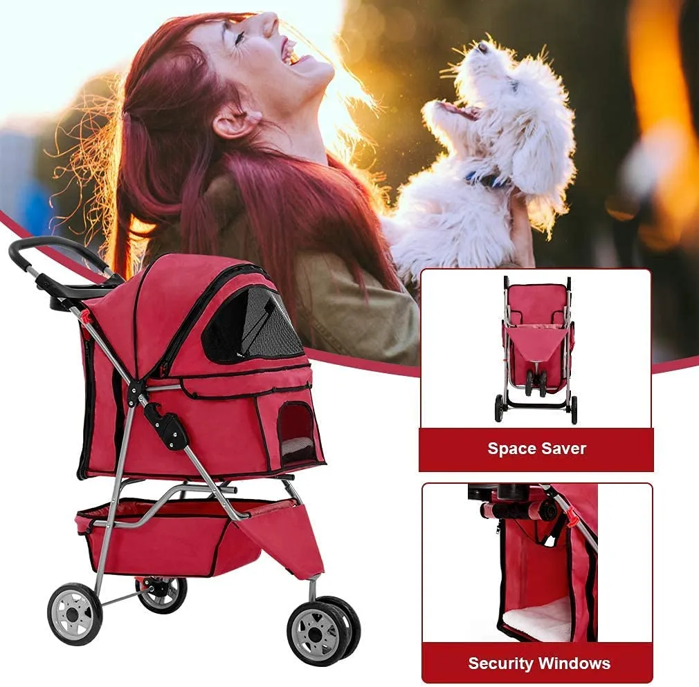 HGS Dog Stroller Pet Stroller 3 Wheels Travel Folding Carrier Strolling Cart for Medium Small Dogs&Cats, Pet Stroller Jogger Cat Dog Cage Pet Stroller, Red