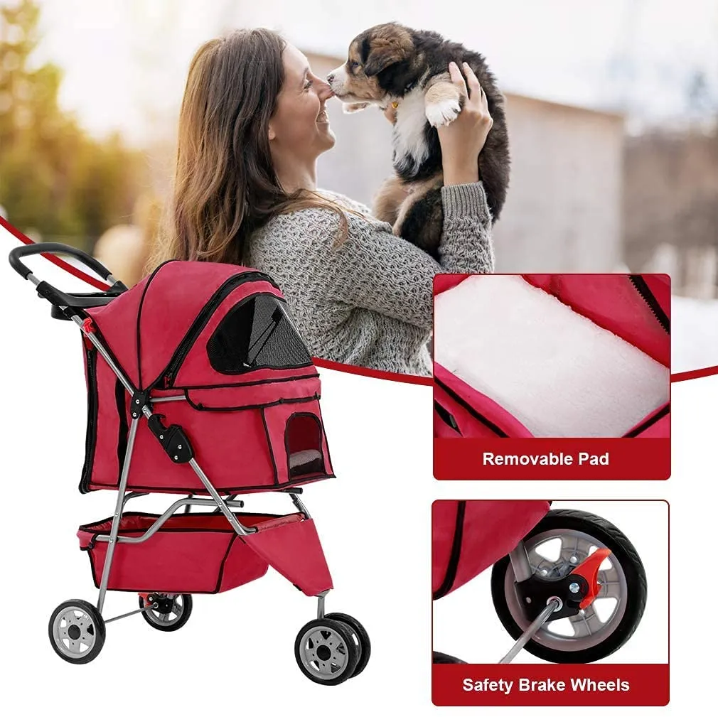 HGS Dog Stroller Pet Stroller 3 Wheels Travel Folding Carrier Strolling Cart for Medium Small Dogs&Cats, Pet Stroller Jogger Cat Dog Cage Pet Stroller, Red