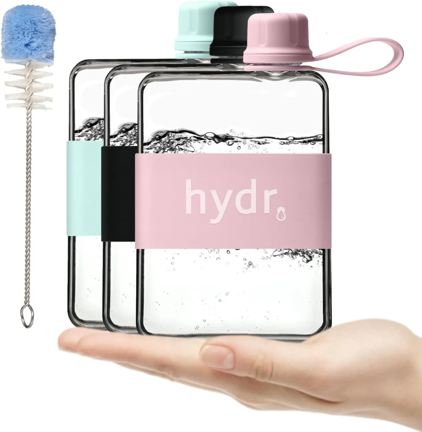 hydr | 17oz Flat Water Bottle For Purse & Flexible Cleaning Brush | Tritan BPA Free Square Water Bottle | Leak/Drop Proof Slim Water Bottles For Travel, small water bottles mini (Pink)