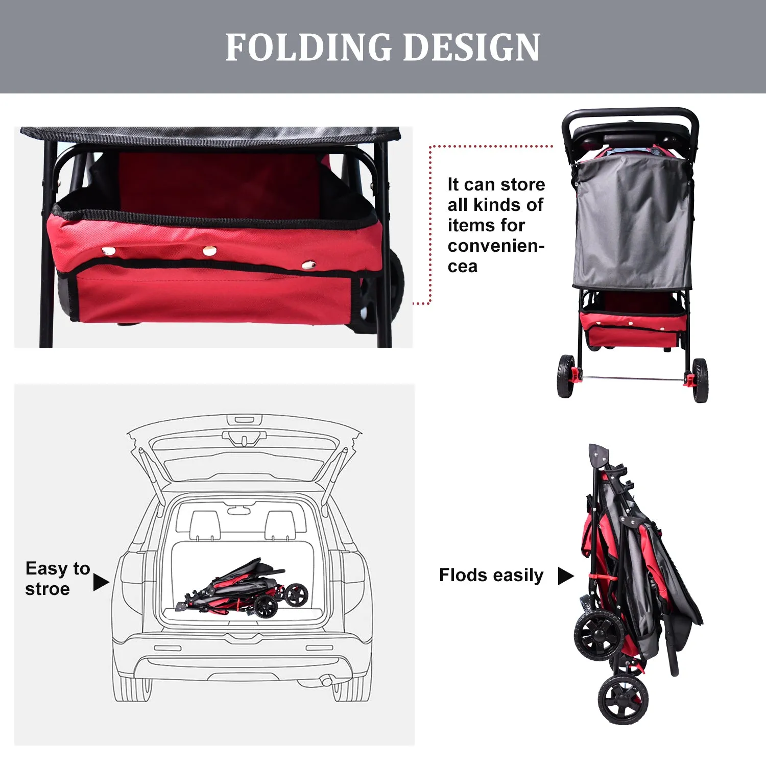 Jespet 4-Wheel Promenade Pet Stroller for Small Dogs Cats, Maroon, 36''