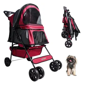 Jespet 4-Wheel Promenade Pet Stroller for Small Dogs Cats, Maroon, 36''