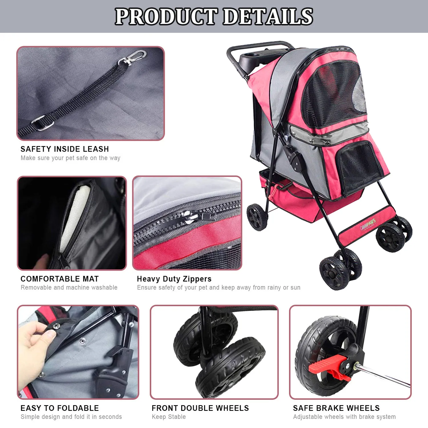 Jespet 4-Wheel Promenade Pet Stroller for Small Dogs Cats, Maroon, 36''