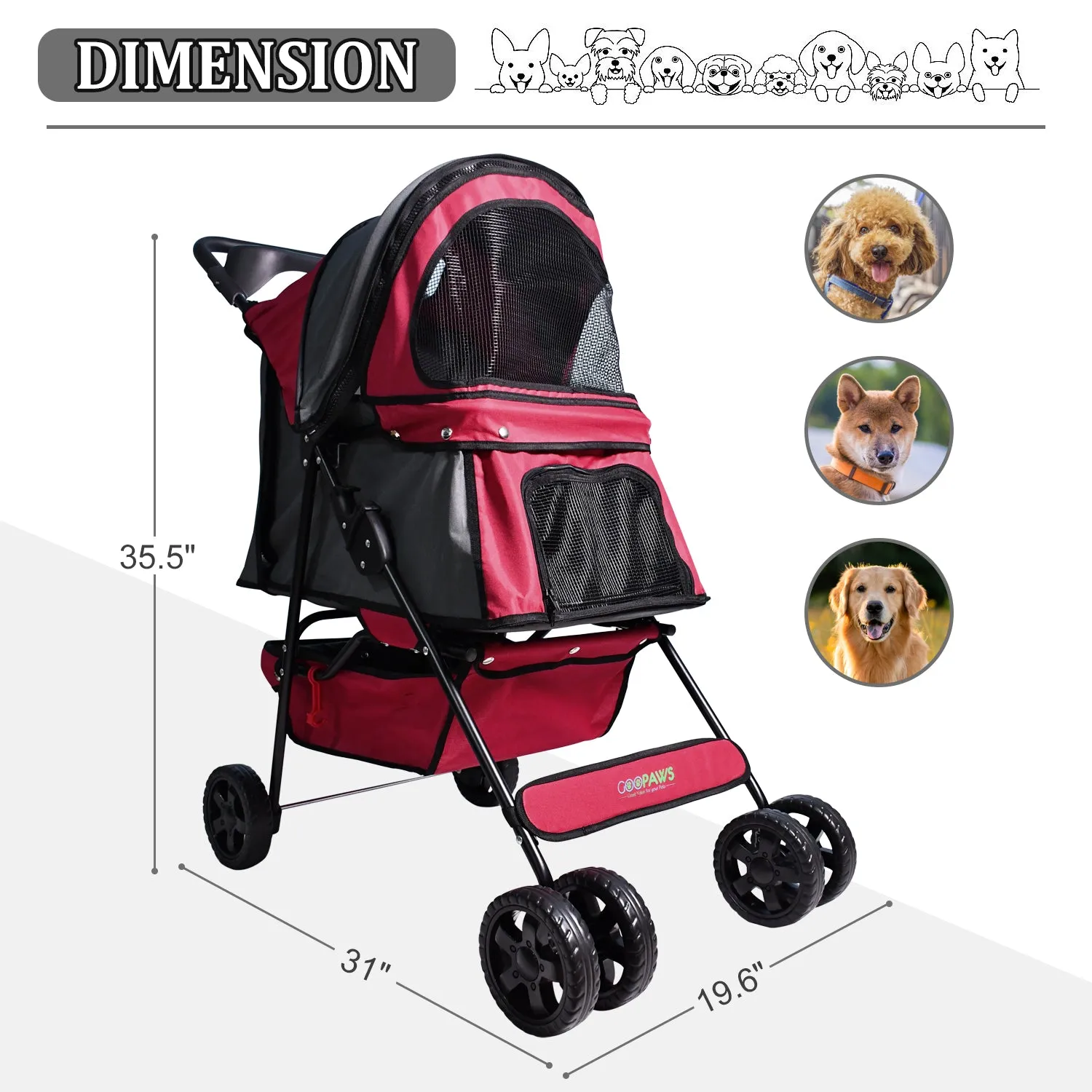 Jespet 4-Wheel Promenade Pet Stroller for Small Dogs Cats, Maroon, 36''