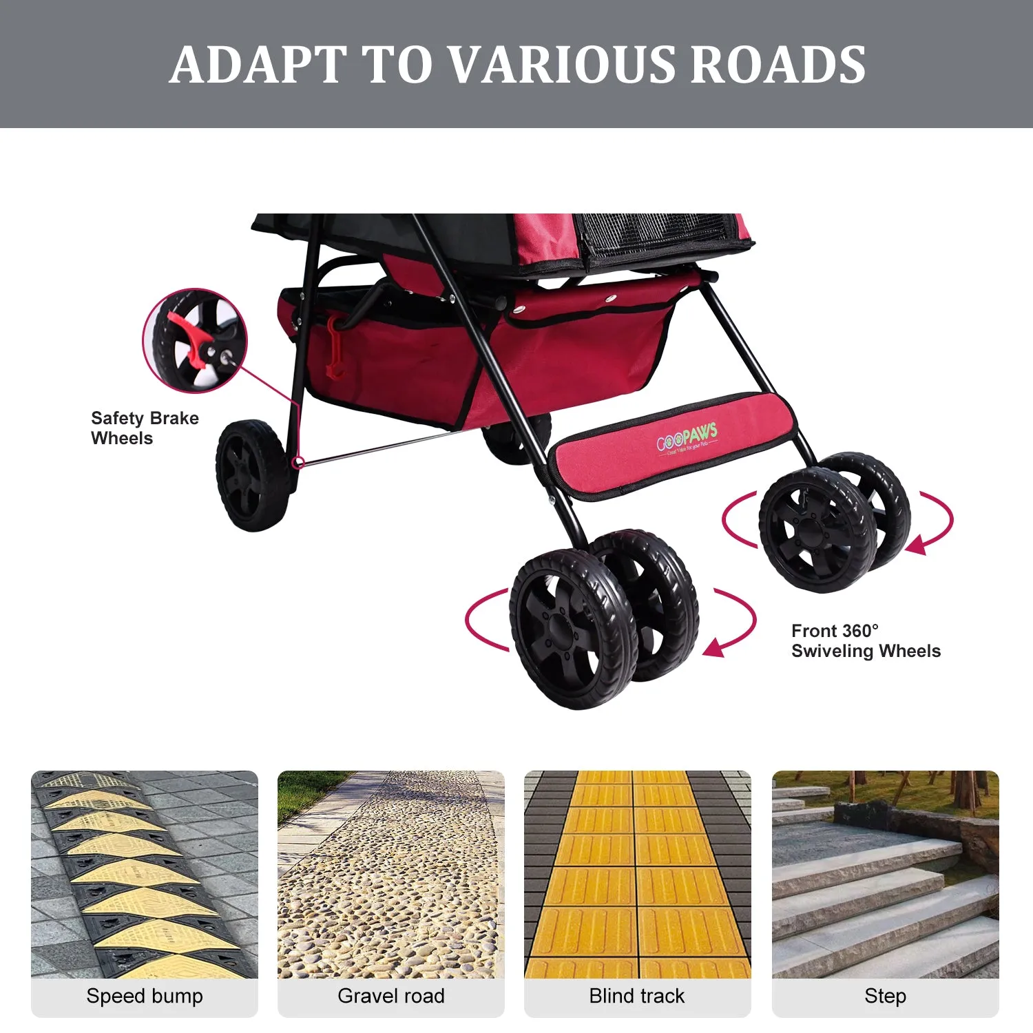 Jespet 4-Wheel Promenade Pet Stroller for Small Dogs Cats, Maroon, 36''
