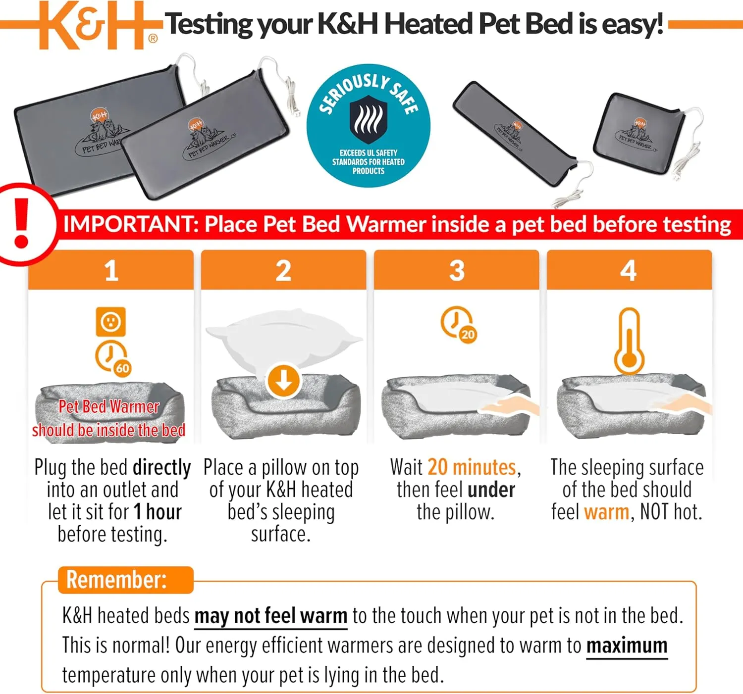 K&H Pet Products Pet Bed Warmer, Turn Any Pet Bed Into a Heated Cat or Dog Bed, Waterproof Indoor Heated Warming Pad Insert, Automatic Temperature, Safety Listed - Large 24.5 X 11.75in Gray