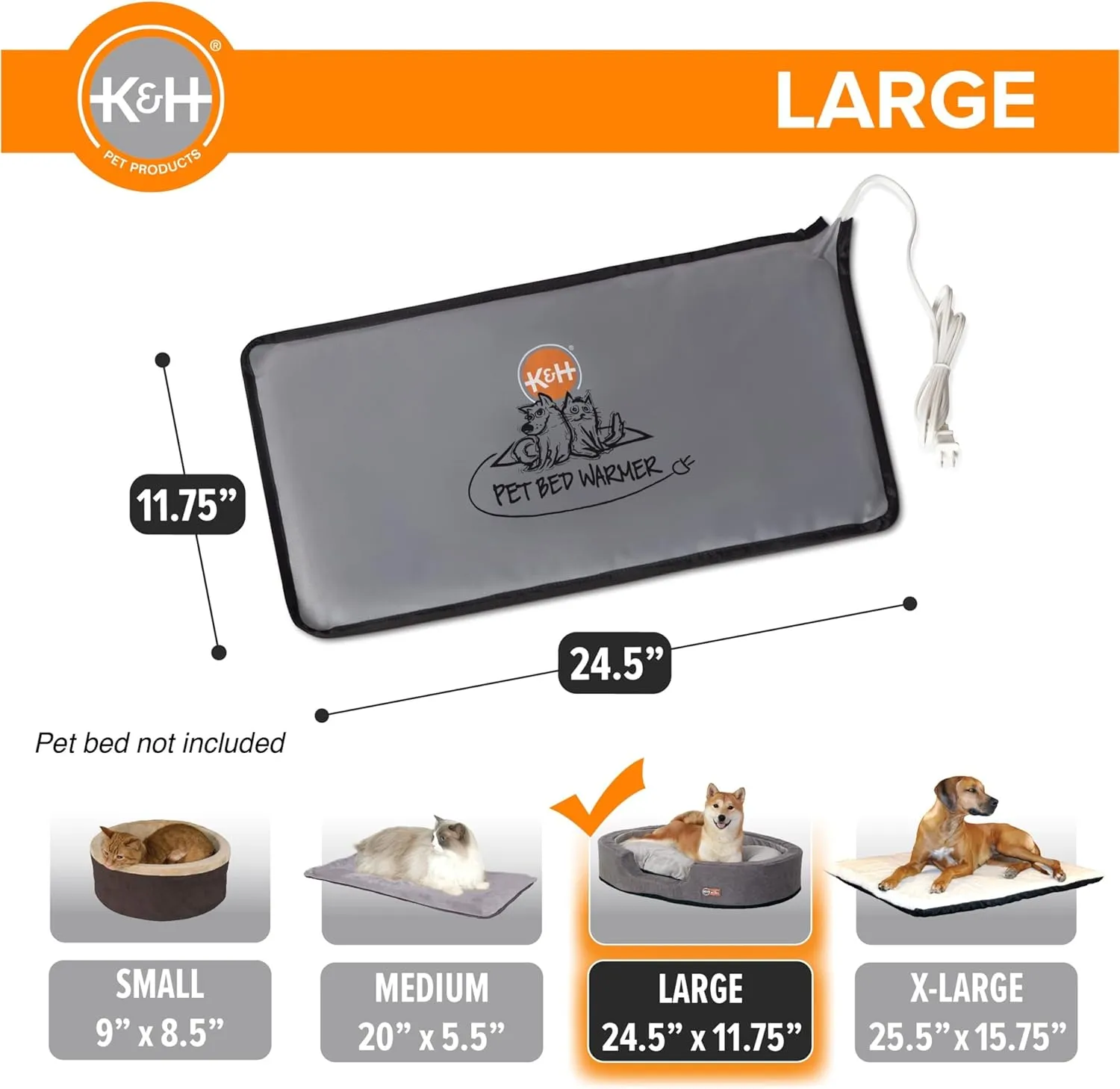 K&H Pet Products Pet Bed Warmer, Turn Any Pet Bed Into a Heated Cat or Dog Bed, Waterproof Indoor Heated Warming Pad Insert, Automatic Temperature, Safety Listed - Large 24.5 X 11.75in Gray