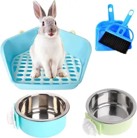 kathson Bunny Potty Trainer Corner Pan Rabbit Toilet Guinea Pig Litter Box with 2 Pack Pet Removable Hanging Crate Bowls for Small Animal