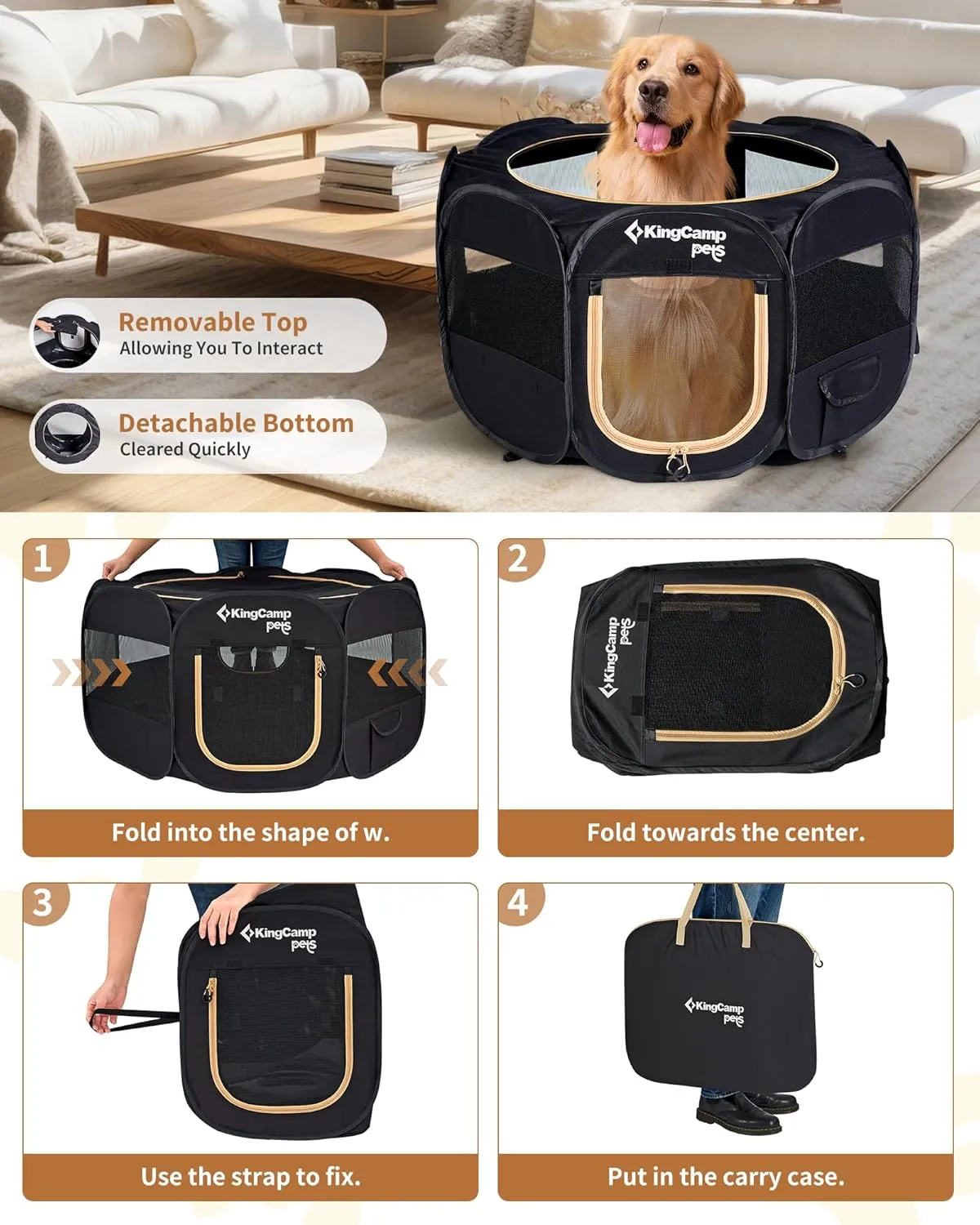 KingCamp Dog Playpen, Portable Foldable Cat Kitten Puppy Tent Crates 29"/36"/50" Pop Up Pet Playpen with Zippered Bottom & Cover for Indoor Outdoor Use (X-Large, Black)