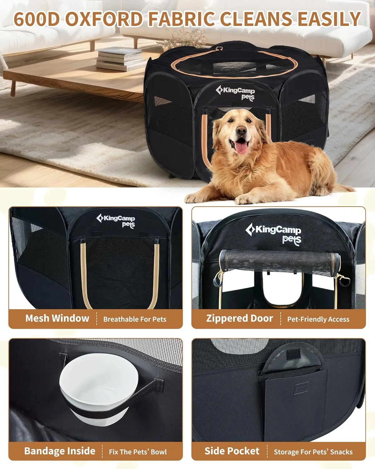 KingCamp Dog Playpen, Portable Foldable Cat Kitten Puppy Tent Crates 29"/36"/50" Pop Up Pet Playpen with Zippered Bottom & Cover for Indoor Outdoor Use (X-Large, Black)