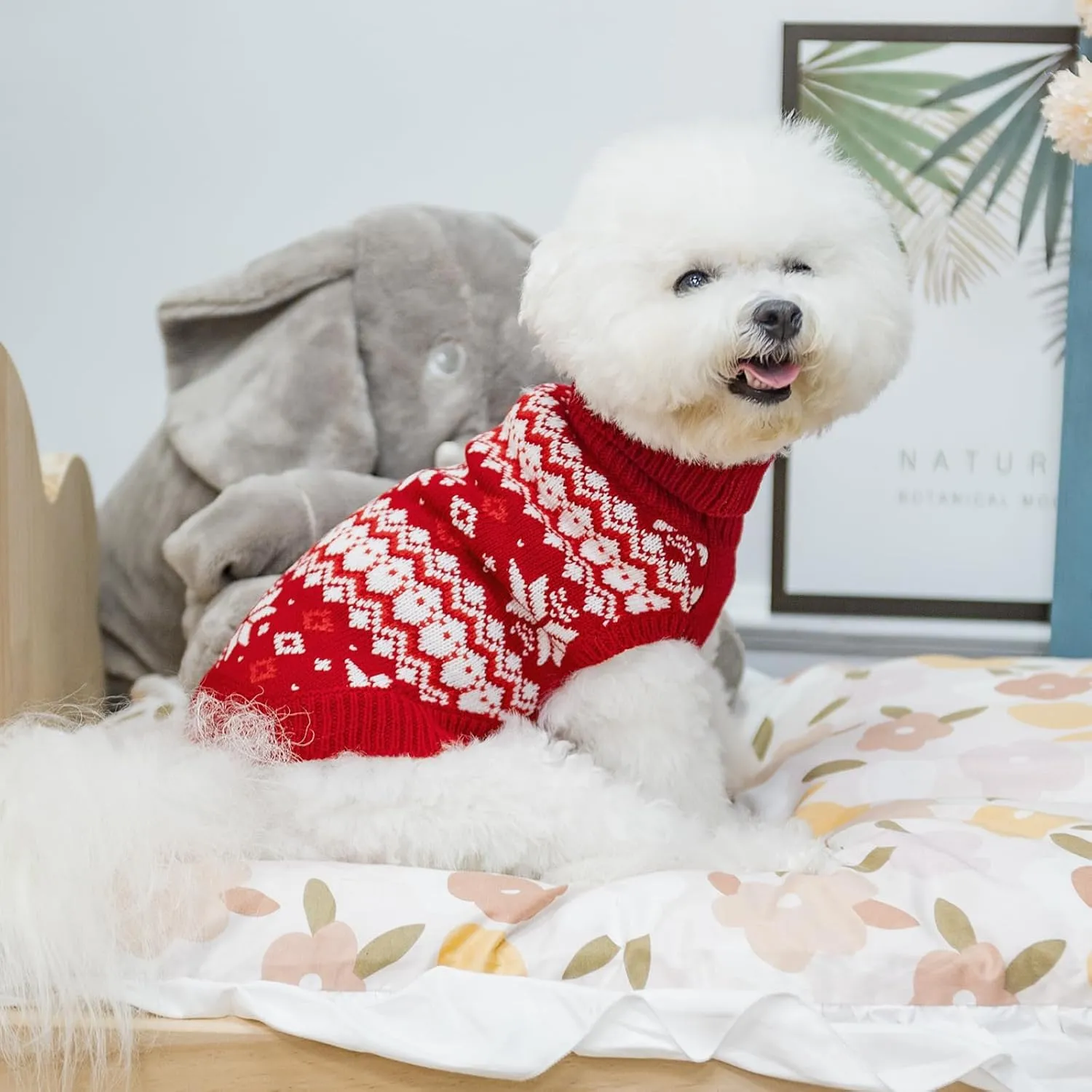 KOOLTAIL Cable Knit Small Dog Sweater Turtleneck, Cold Weather Pullover Classic Knitwear with Leash Hole, Snowflake Pattern Thick Warm Winter Pet Clothes, Medium Dog Christmas Sweater, Red SM