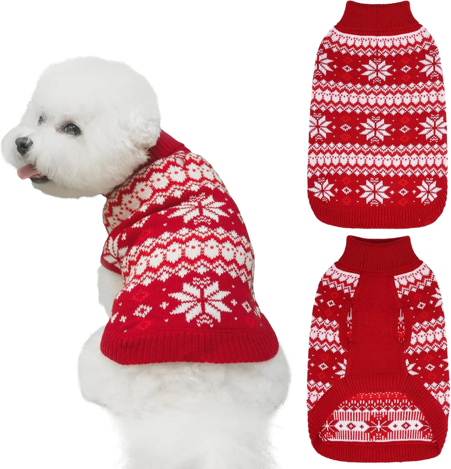KOOLTAIL Cable Knit Small Dog Sweater Turtleneck, Cold Weather Pullover Classic Knitwear with Leash Hole, Snowflake Pattern Thick Warm Winter Pet Clothes, Medium Dog Christmas Sweater, Red SM