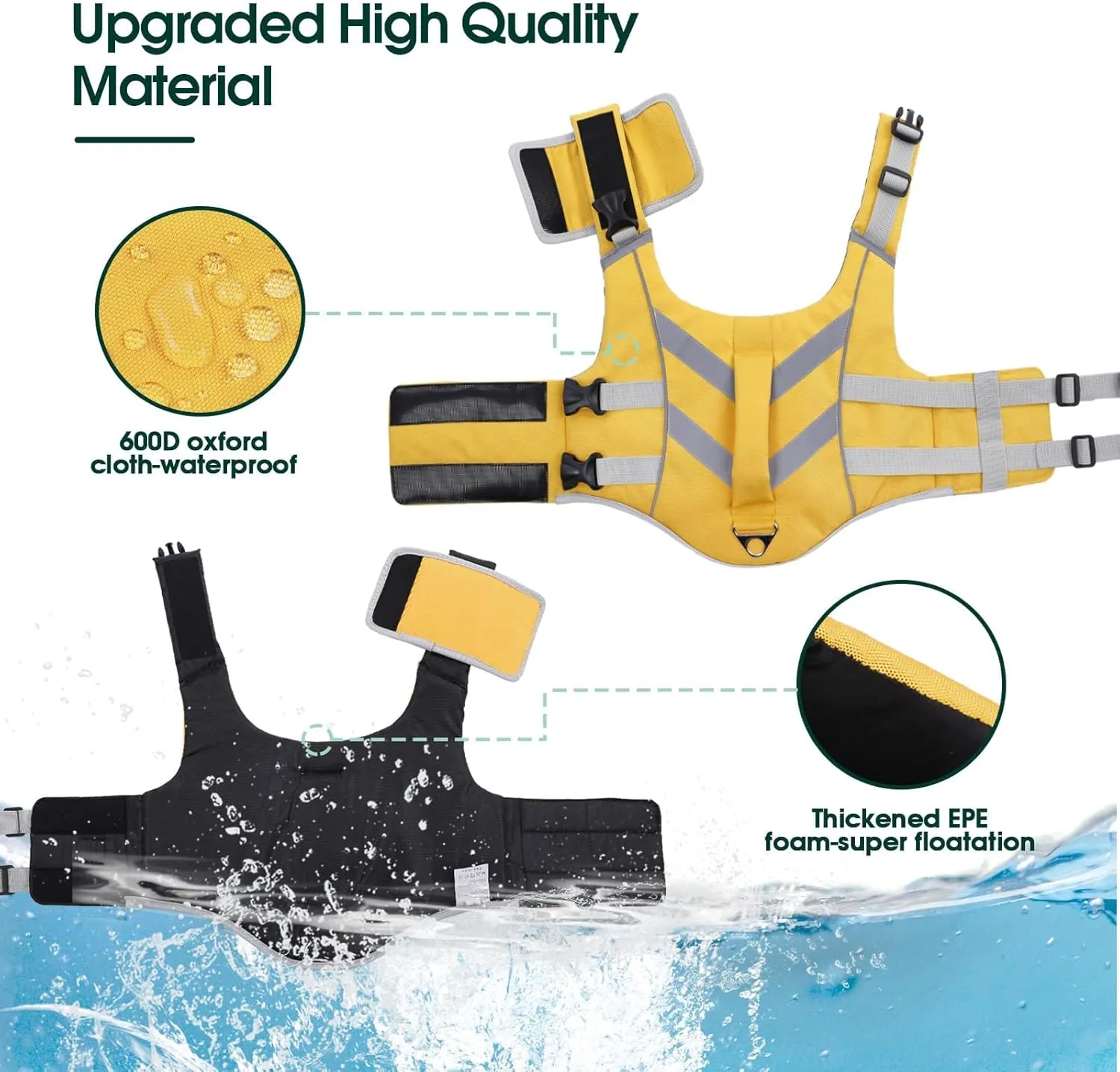 Kuoser Dog Life Jacket with Reflective Stripes, Adjustable High Visibility Vest Ripstop Lifesaver Pet Preserver Flotation Swimsuit for Small Medium and Large Dogs