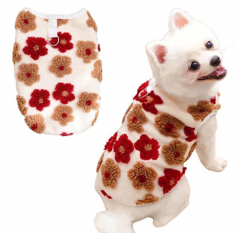 KUTKUT Winter Small Dog Cat Floral Sleeveless Vest Soft Warm Coral Fleece Double Layer Cozy Soft Button Open Sweater Small Doggie Outfit for Maltese, ToyPoodle, Toypom (Red Floral)
