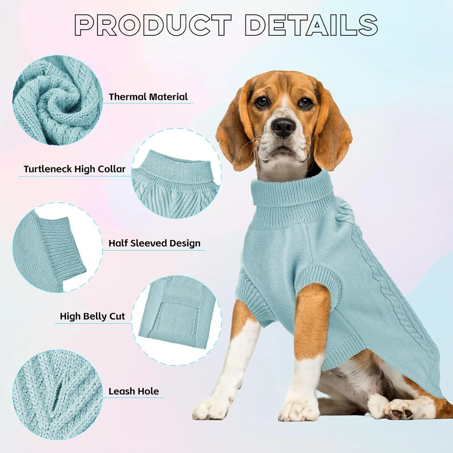Large Dog Sweater, Thermal Knitted Dog Sweater for Cold Weather,Turtleneck Long Sleeve Cable Knitwear, Large Solid Pullover Pet Sweater for Medium Large Dogs SM Bule