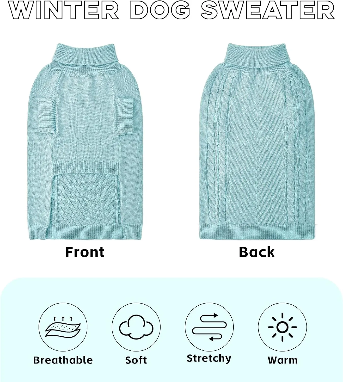 Large Dog Sweater, Thermal Knitted Dog Sweater for Cold Weather,Turtleneck Long Sleeve Cable Knitwear, Large Solid Pullover Pet Sweater for Medium Large Dogs SM Bule