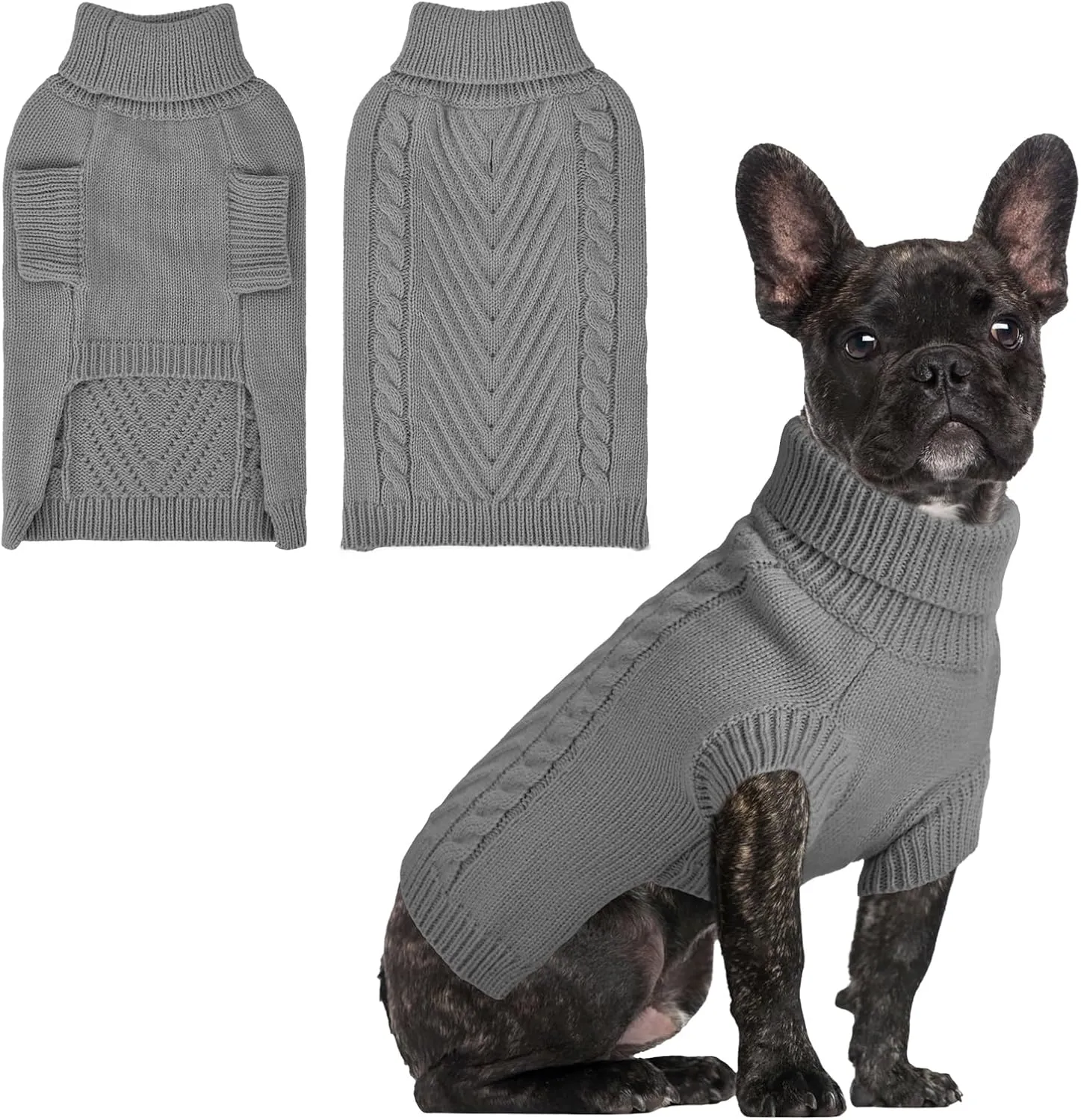 Large Dog Sweater, Thermal Knitted Dog Sweater for Cold Weather,Turtleneck Long Sleeve Cable Knitwear, Large Solid Pullover Pet Sweater for Medium Large Dogs SM Gray