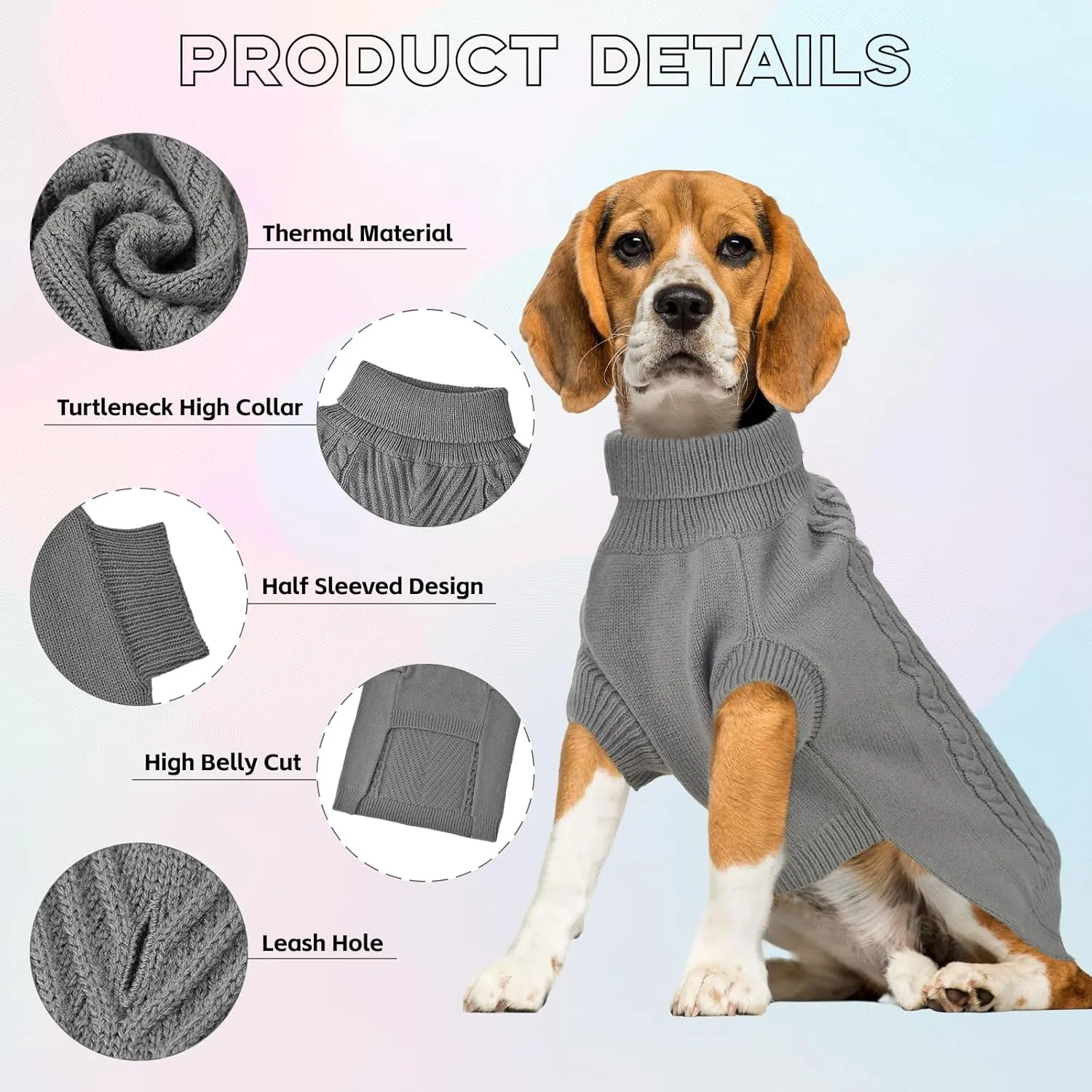 Large Dog Sweater, Thermal Knitted Dog Sweater for Cold Weather,Turtleneck Long Sleeve Cable Knitwear, Large Solid Pullover Pet Sweater for Medium Large Dogs SM Gray