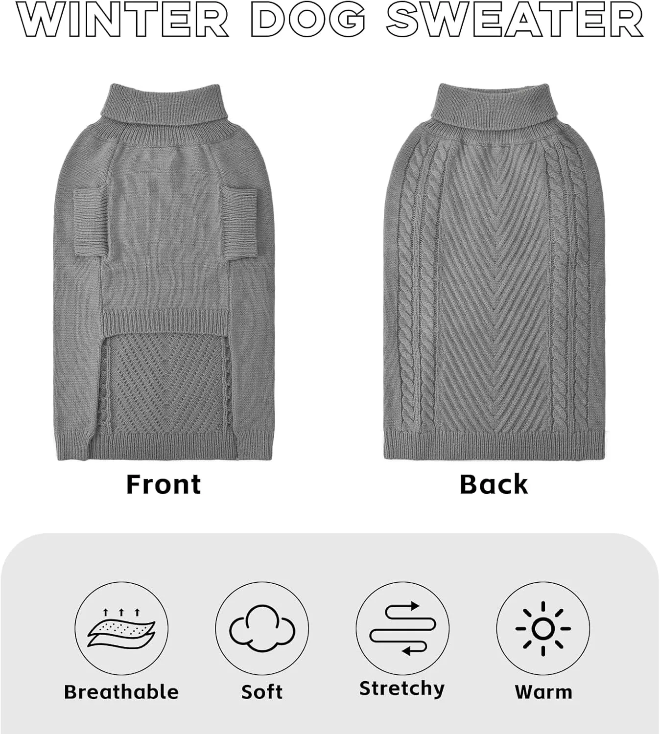 Large Dog Sweater, Thermal Knitted Dog Sweater for Cold Weather,Turtleneck Long Sleeve Cable Knitwear, Large Solid Pullover Pet Sweater for Medium Large Dogs SM Gray