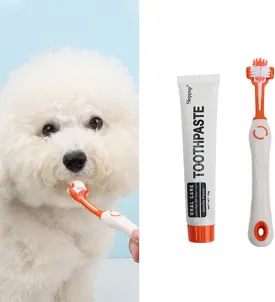 MANON ROSA Dog Cat Toothbrush & Toothpaste Kit, Three-Sided Pet Toothbrush with Vanilla Flavored Toothpaste for Plaque Tartar Control & Bad Breath Removal, 360 Degree Teeth Cleaning Set