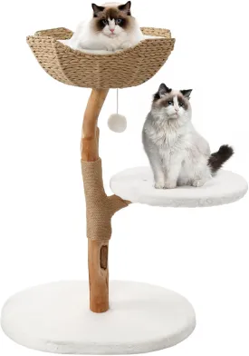 Modern Cat Tree Tower Solid Wood for Indoor Cat Large Adult Cat Climbing Condo with Scratching Post Bed and Stand