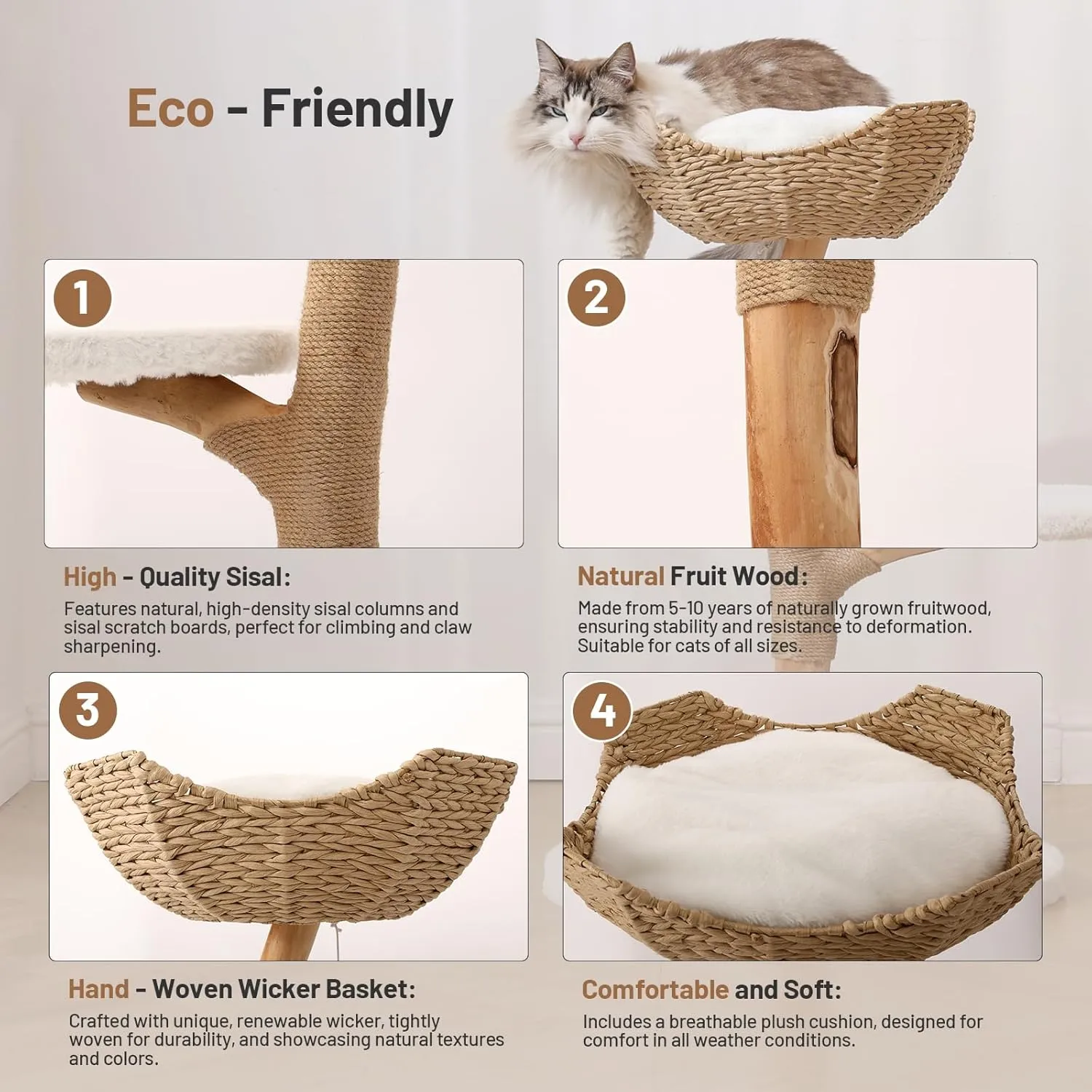 Modern Cat Tree Tower Solid Wood for Indoor Cat Large Adult Cat Climbing Condo with Scratching Post Bed and Stand