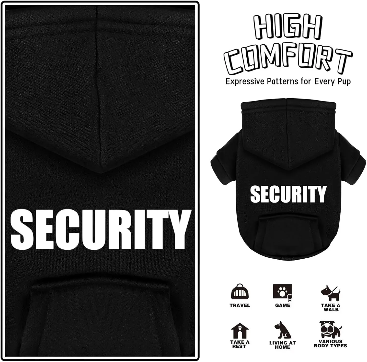 Paiaite Black Chihuahua Dog Hoodie: Warm and Stylish with a 'Security' Printed Sweatshirt, Cold Weather Pet Clothes, and Sweater Coat All in One - Perfect for Winter and Cool Summer Nights! L
