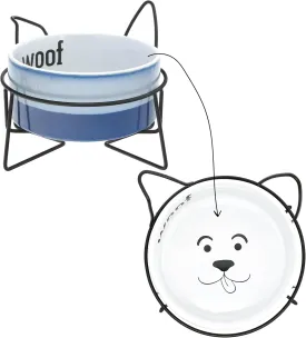 Pavilion Gift Company - Woof - Puppy Doggy Dog K-9 27 oz Food Water Meal Time Ceramic Stoneware Dish Bowl With Metal Iron Stand Pet Accessories Indoor Outdoor Easy To Clean