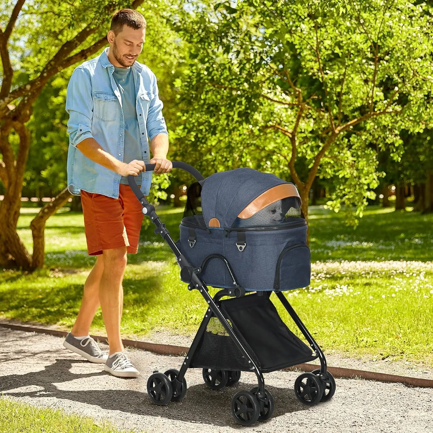 PawHut 2 in1 Foldable Pet Stroller and Detachable Travel Carriage with Lockable Wheels, Adjustable Handlebar Canopy and Zippered Mesh Window Blue