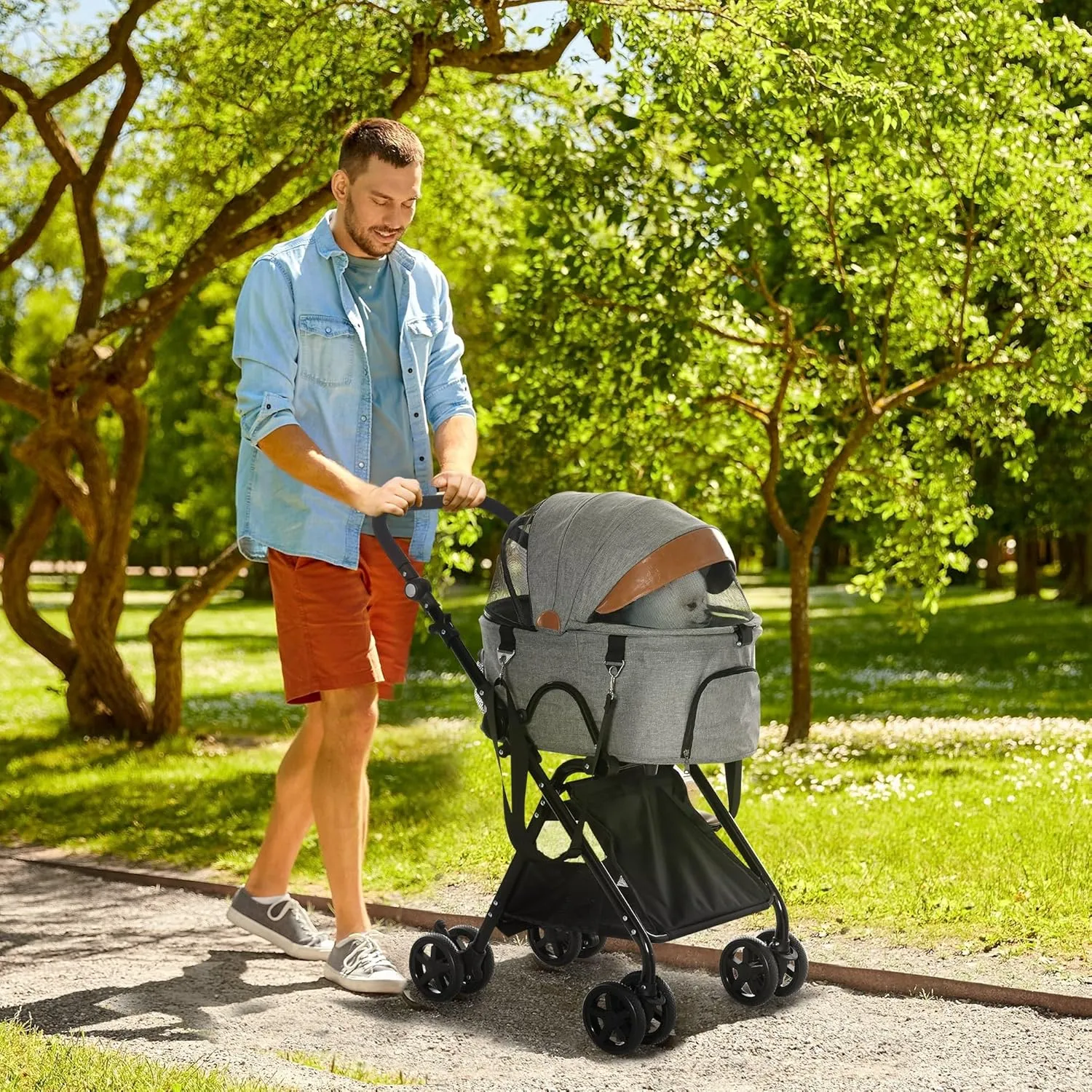 PawHut 2 in1 Foldable Pet Stroller and Detachable Travel Carriage with Lockable Wheels, Adjustable Handlebar Canopy and Zippered Mesh Window Grey