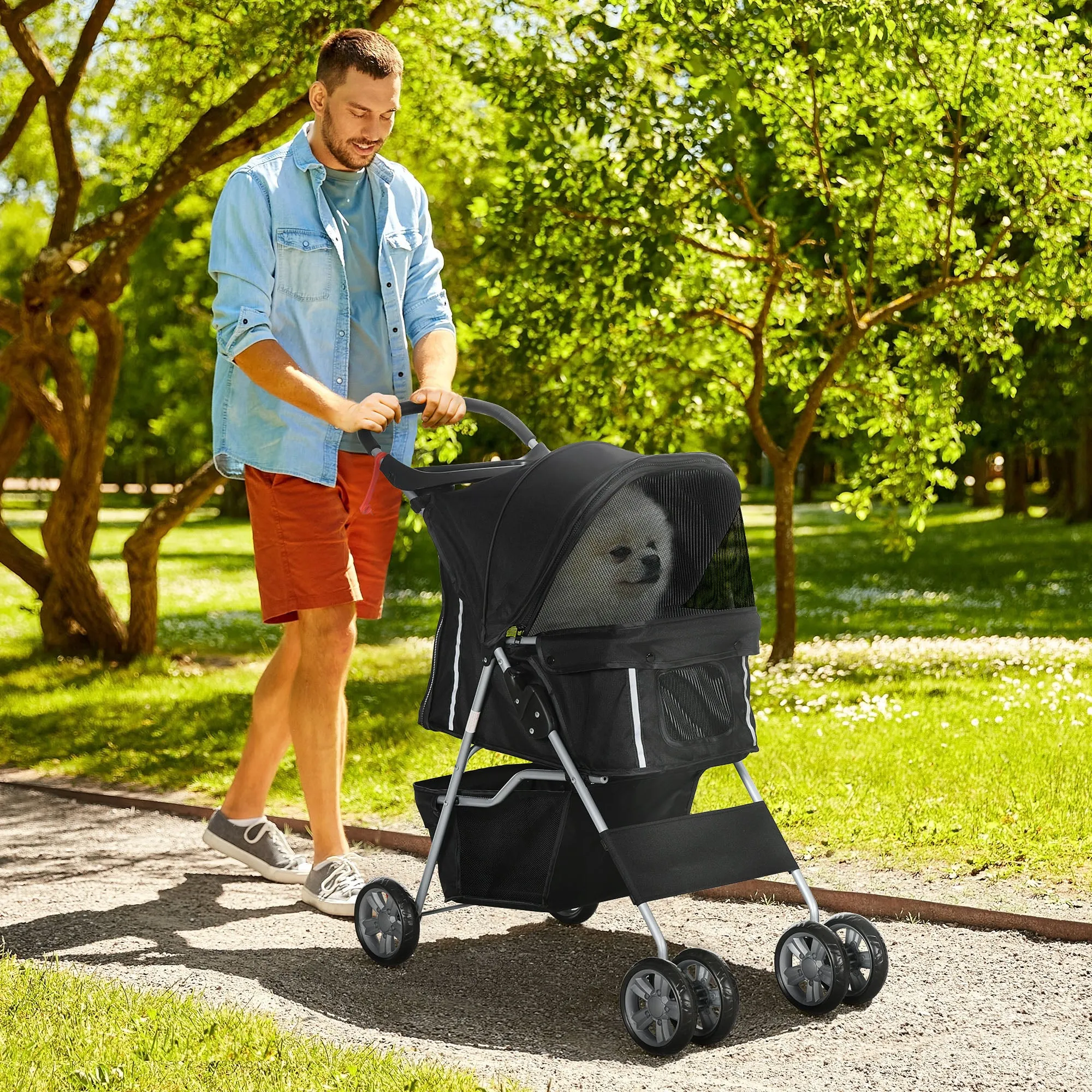 PawHut Black Pet Stroller Carrier Foldable Deluxe Jogger Walk Travel Dog Cat