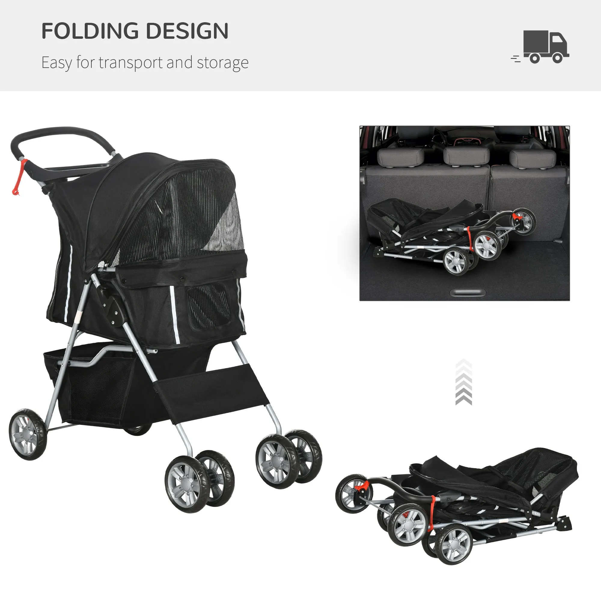 PawHut Black Pet Stroller Carrier Foldable Deluxe Jogger Walk Travel Dog Cat