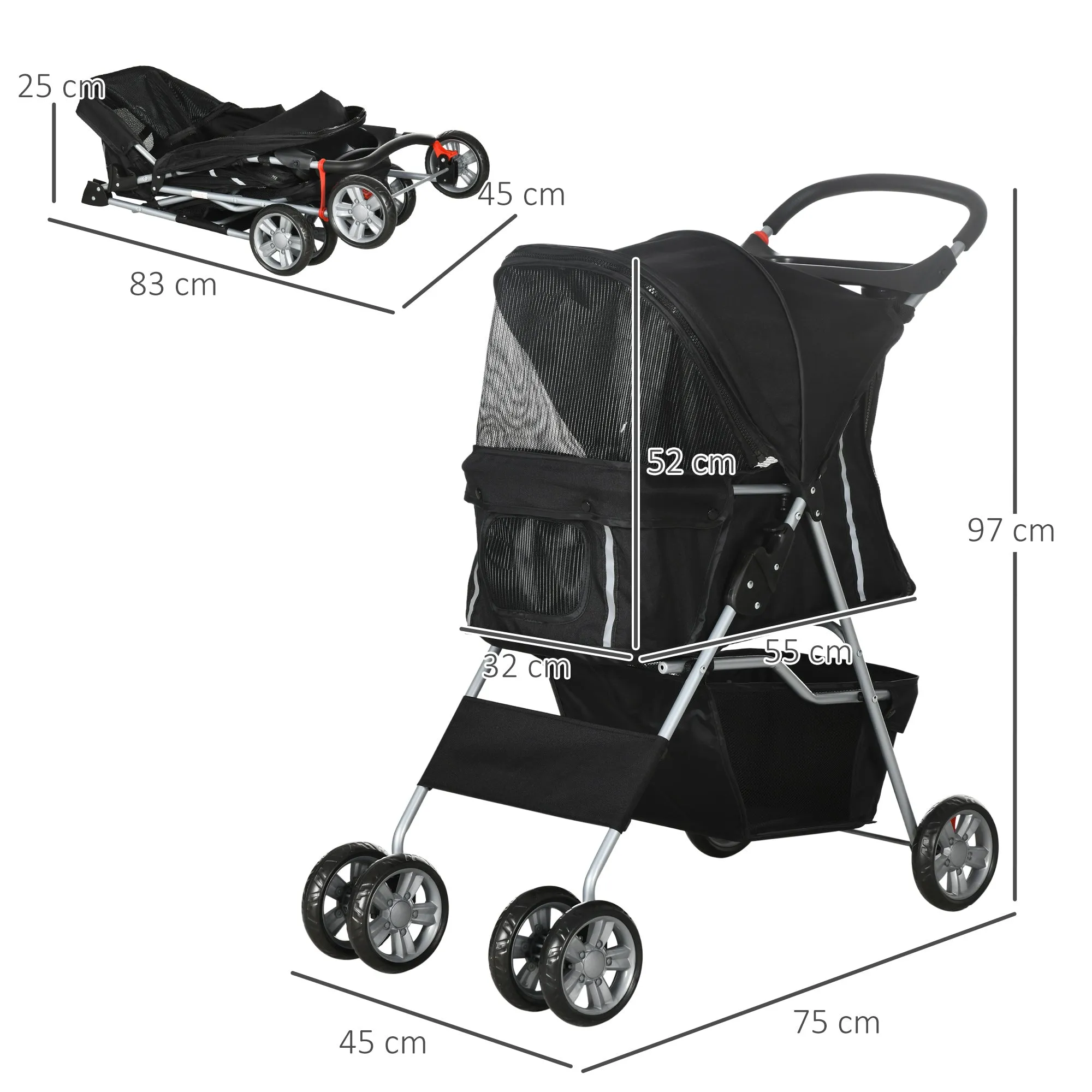 PawHut Black Pet Stroller Carrier Foldable Deluxe Jogger Walk Travel Dog Cat