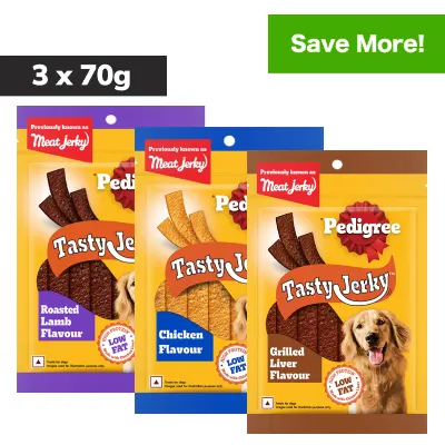 Pedigree Chicken & Liver, Grilled Liver and Roasted Lamb Flavour Tasty Jerky Dog Treat Combo